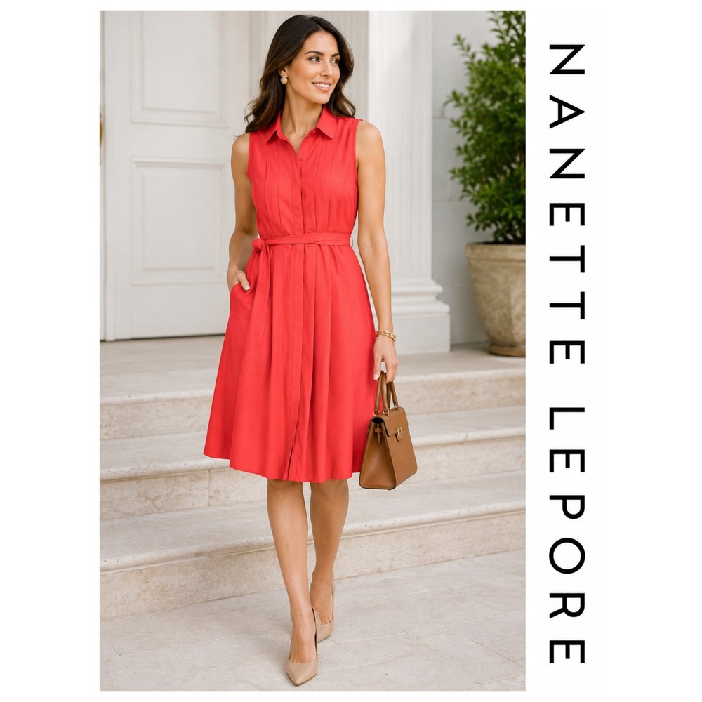 Nanette Lepore Coralicious Coral Sleeveless Pleated Belted Chic Shirt Dress 6